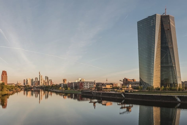 The Seat of the European Central Bank and Frankfurt Skyline at dawn, as seen from west