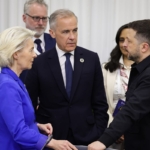 Volodymyr Zelensky with Ursula von der Leyen and Mark Carney in Yerevan in 2026